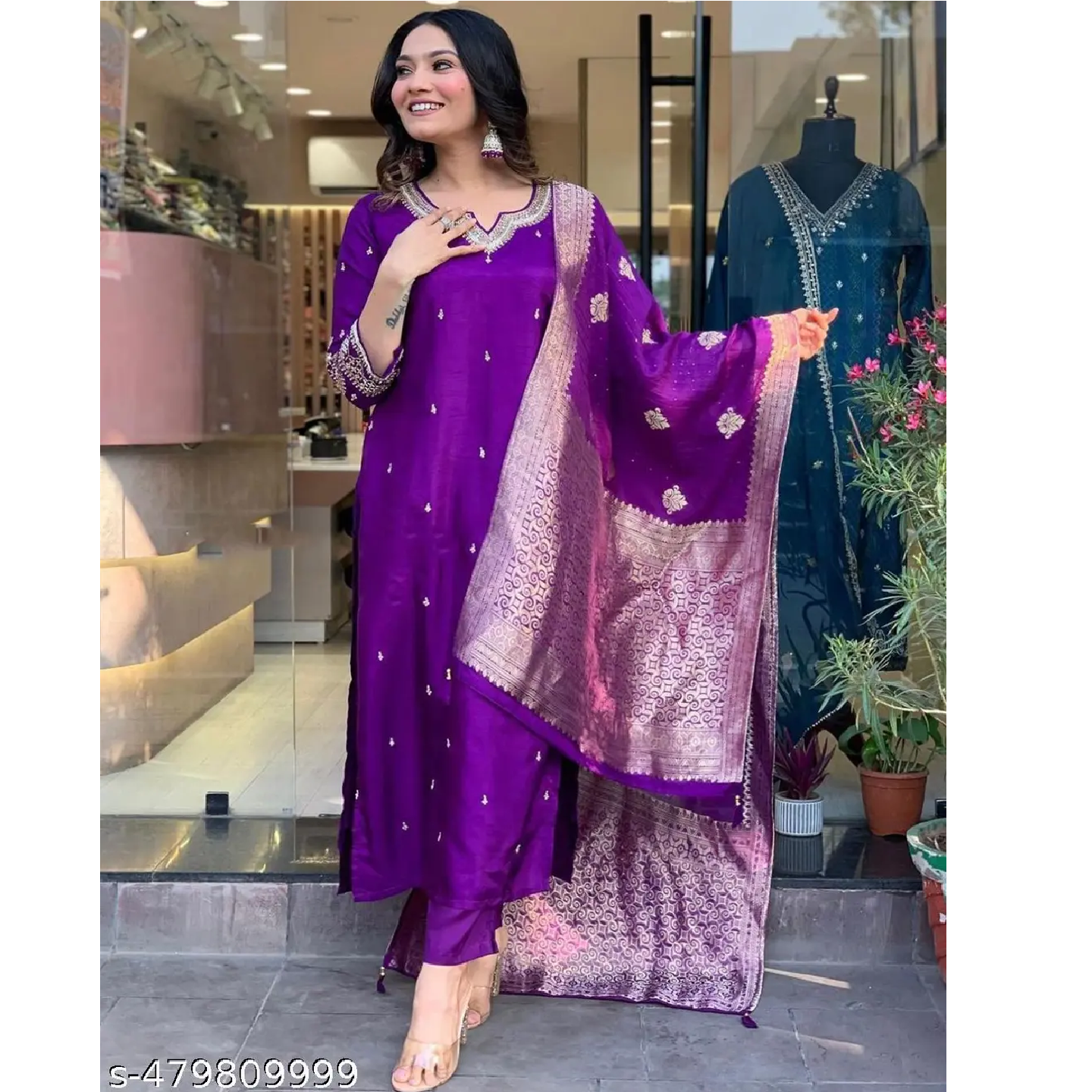 Purple Embroidered Art Slik Straight Kurta Pant Dupatta Set
